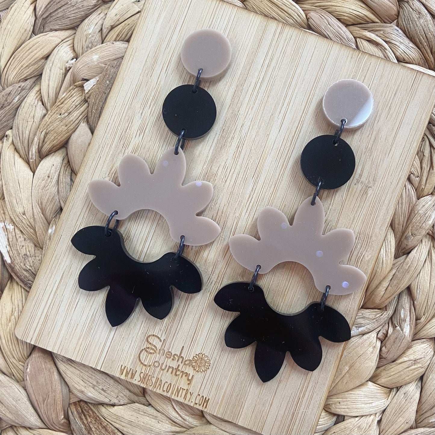 Double Mega Floral Dangles • Beige + Black