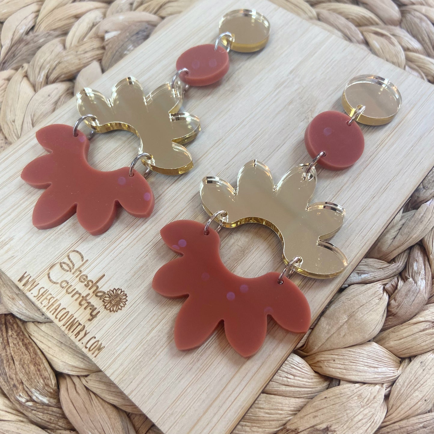 Double Mega Floral Dangles • Rust + Rose Gold