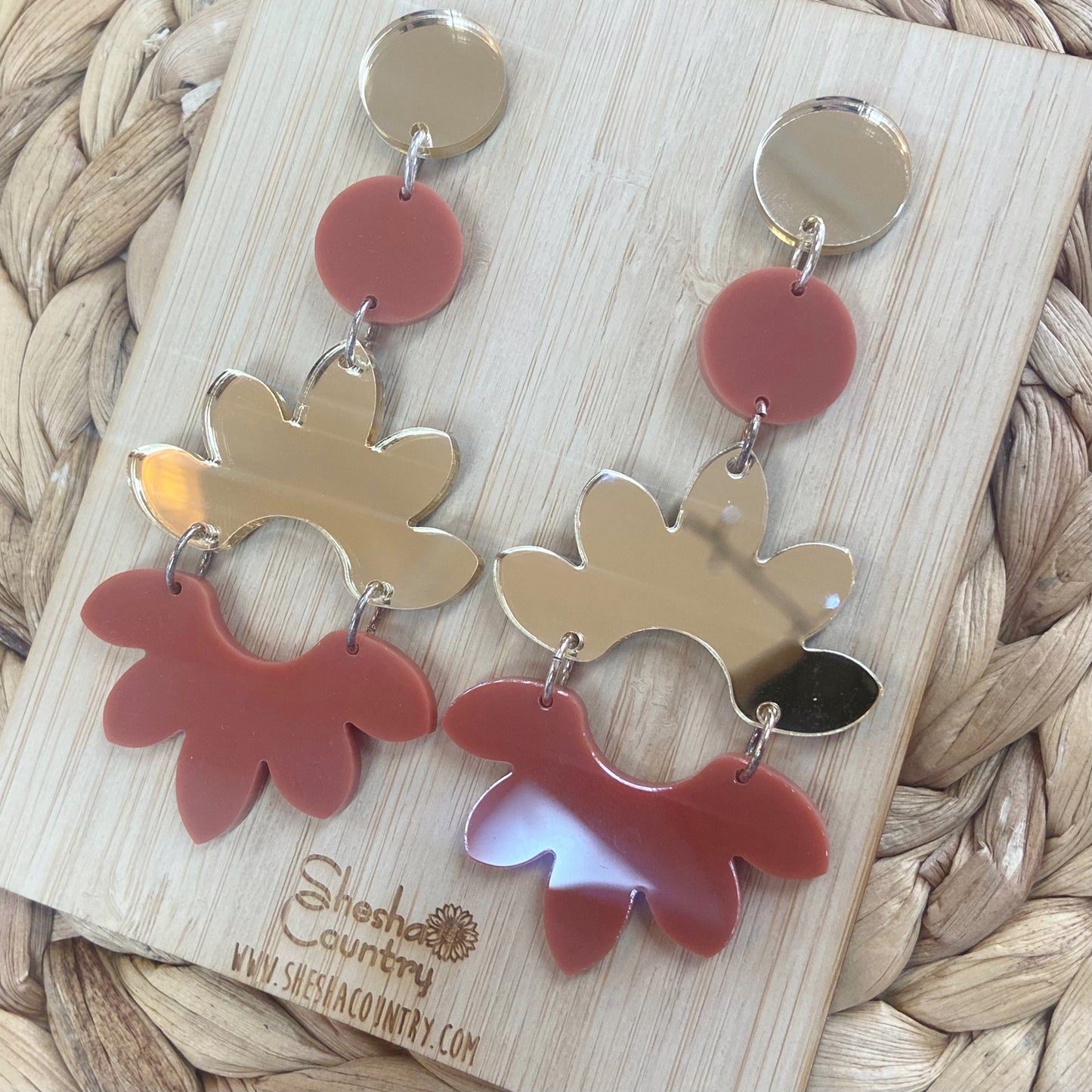Double Mega Floral Dangles • Rust + Rose Gold