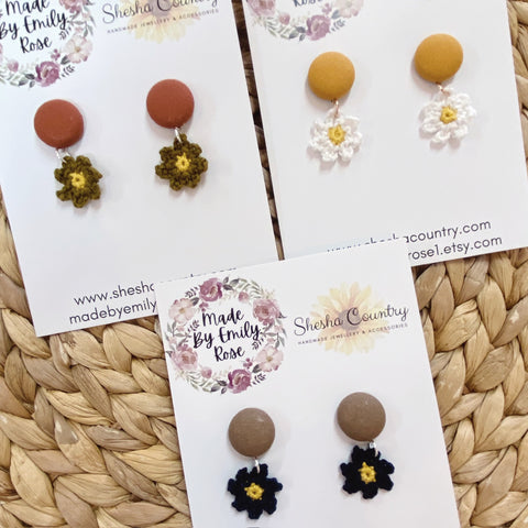 Collab Earrings - Button & Crochet Flower
