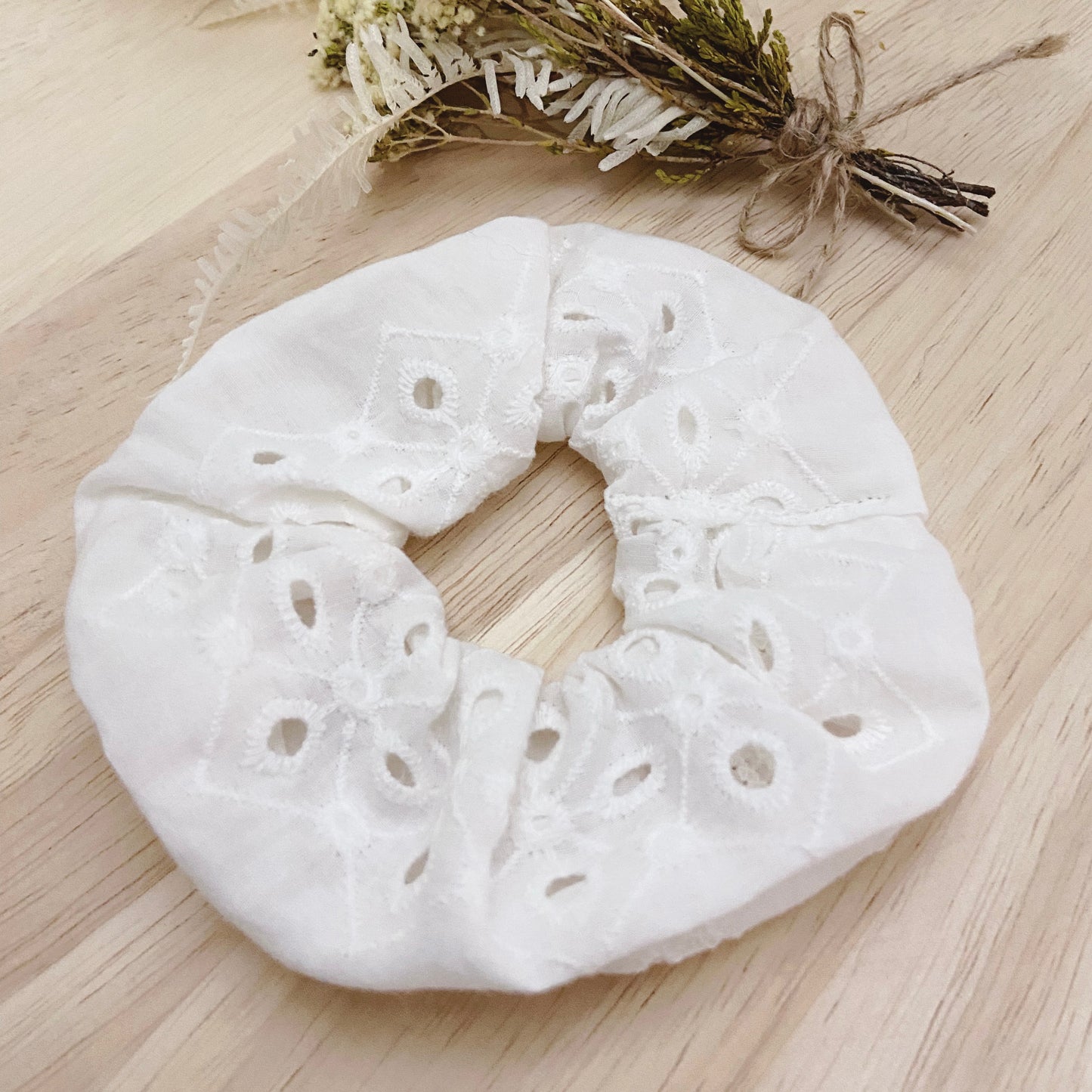 White Embroidery Scrunchie