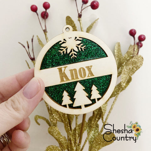 Personalised Round Bauble • Customisable (wood + glitter acrylic)